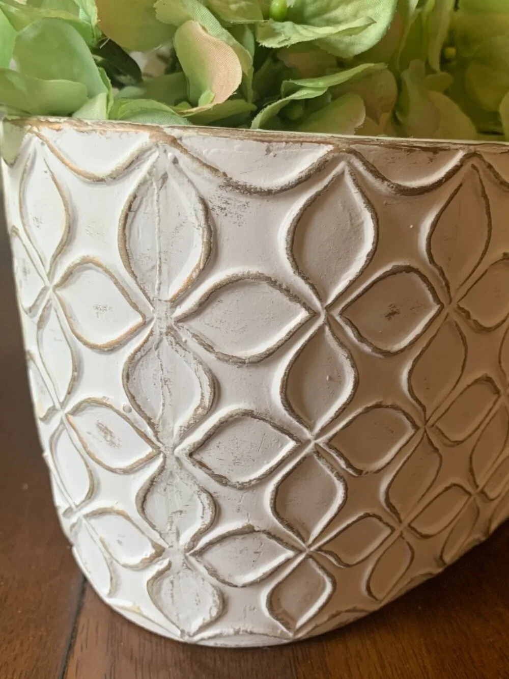 White Off-White Distressed Oval Ceramic Planter Pot Raised Geometric Pattern 10